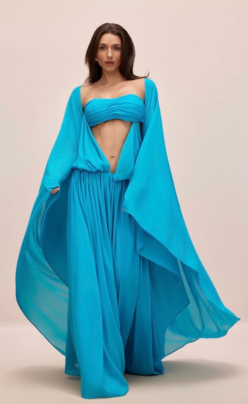 SUNFERE Eugenia Asymmetric Draped Cape Sleeve Blue Maxi Dress Size Medium Genie